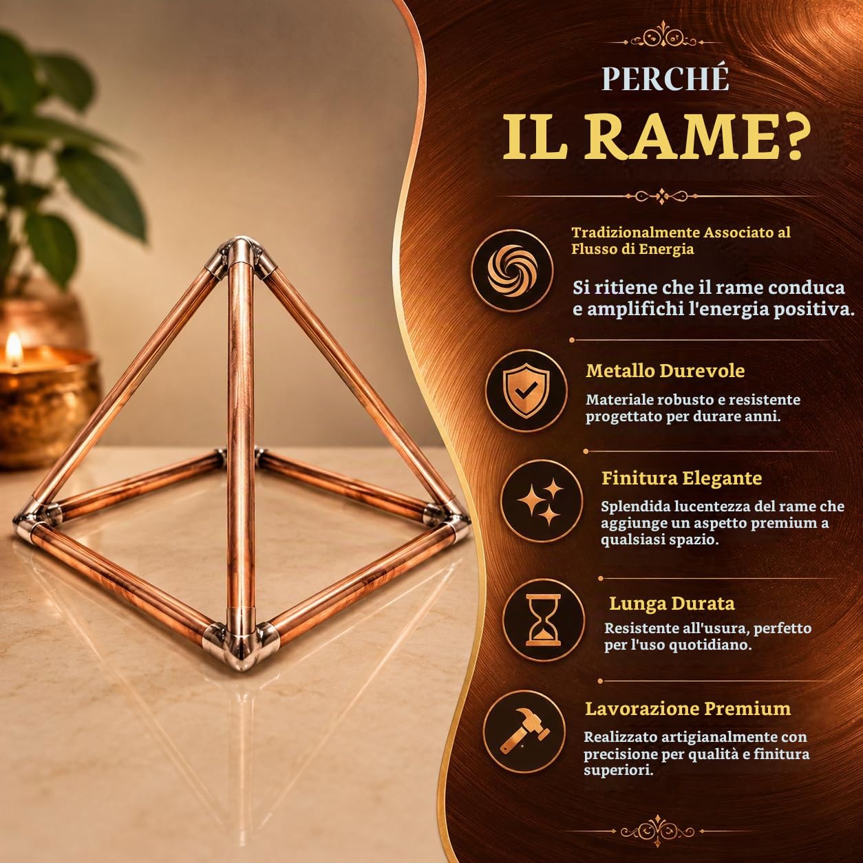 Sculture in ottone ispirate a Prajet Vastu Feng Shui Statua per successo, velocità e prosperità, decorazione per la casa, scrivania e statuetta regalo (piramide di rame)