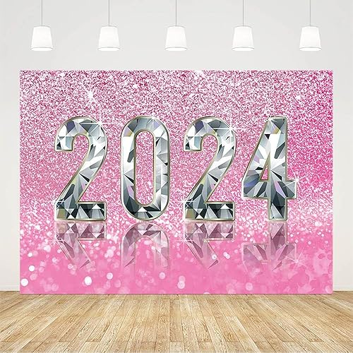 Miniatura 2 de AIBIIN Fondo de fotografía con purpurina rosa y plateada de 7 x 5 pies, con texto en inglés "Happy New Year", "Hello 2024", "Kiss Me at Midnight",
