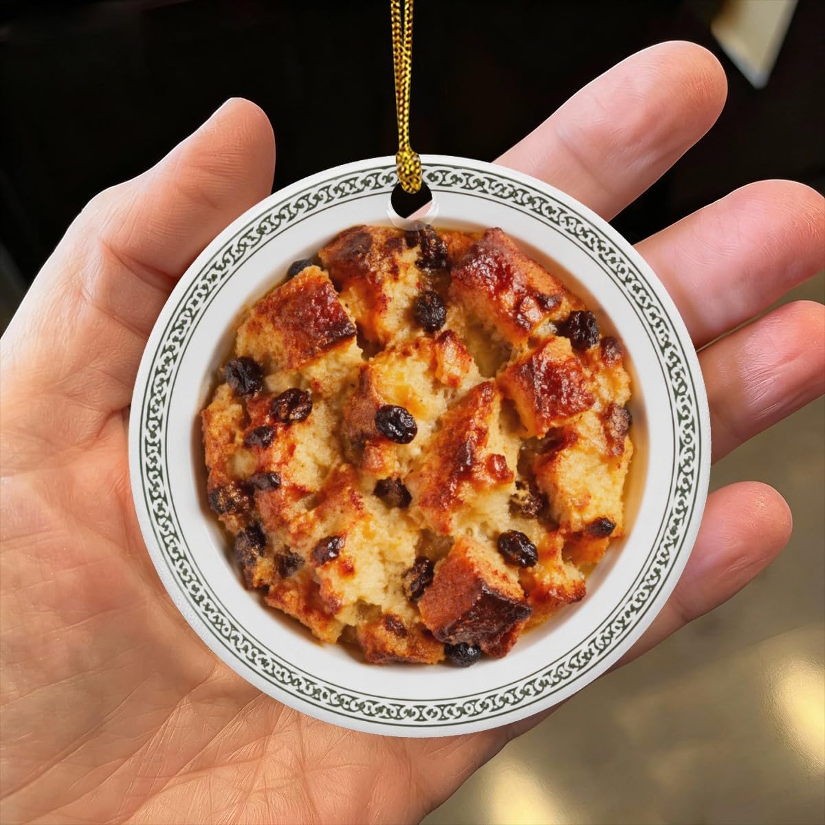 Irish Bread Pudding with Raisins, Ireland Custard Dessert Cuisine Personalized Food Flat Printed Image on Ceramic Ornament – NOT 3D, Custom Text Back, Christmas Ornament