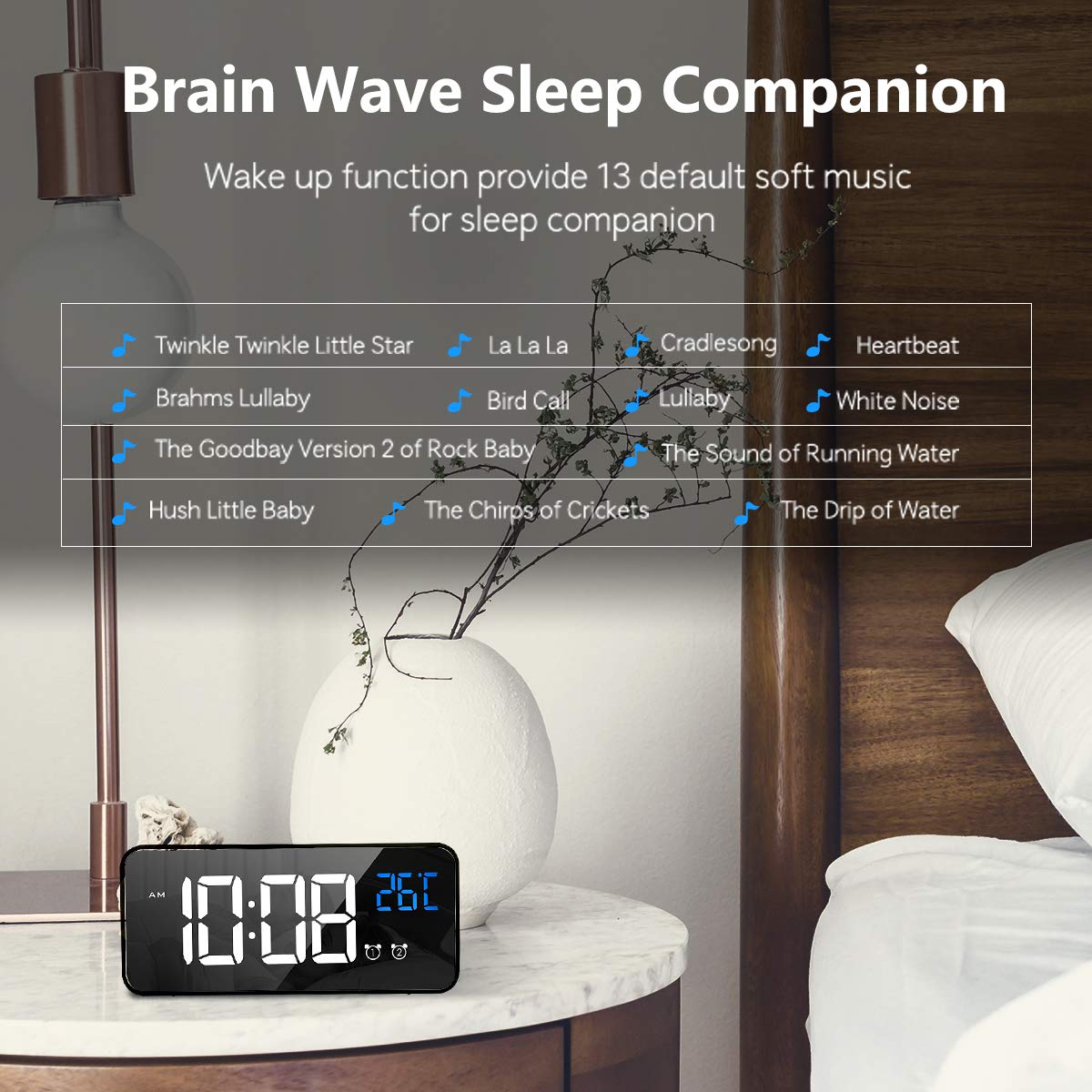 LATEC Sveglia Digitale con LED Temperatura Display Orologio con 10 Suoni di Allarme Porta di Ricarica USB Dimmer di Luminosità Regolabile a Sonnellino Allarme Specchio Portatile con Doppio Allarme