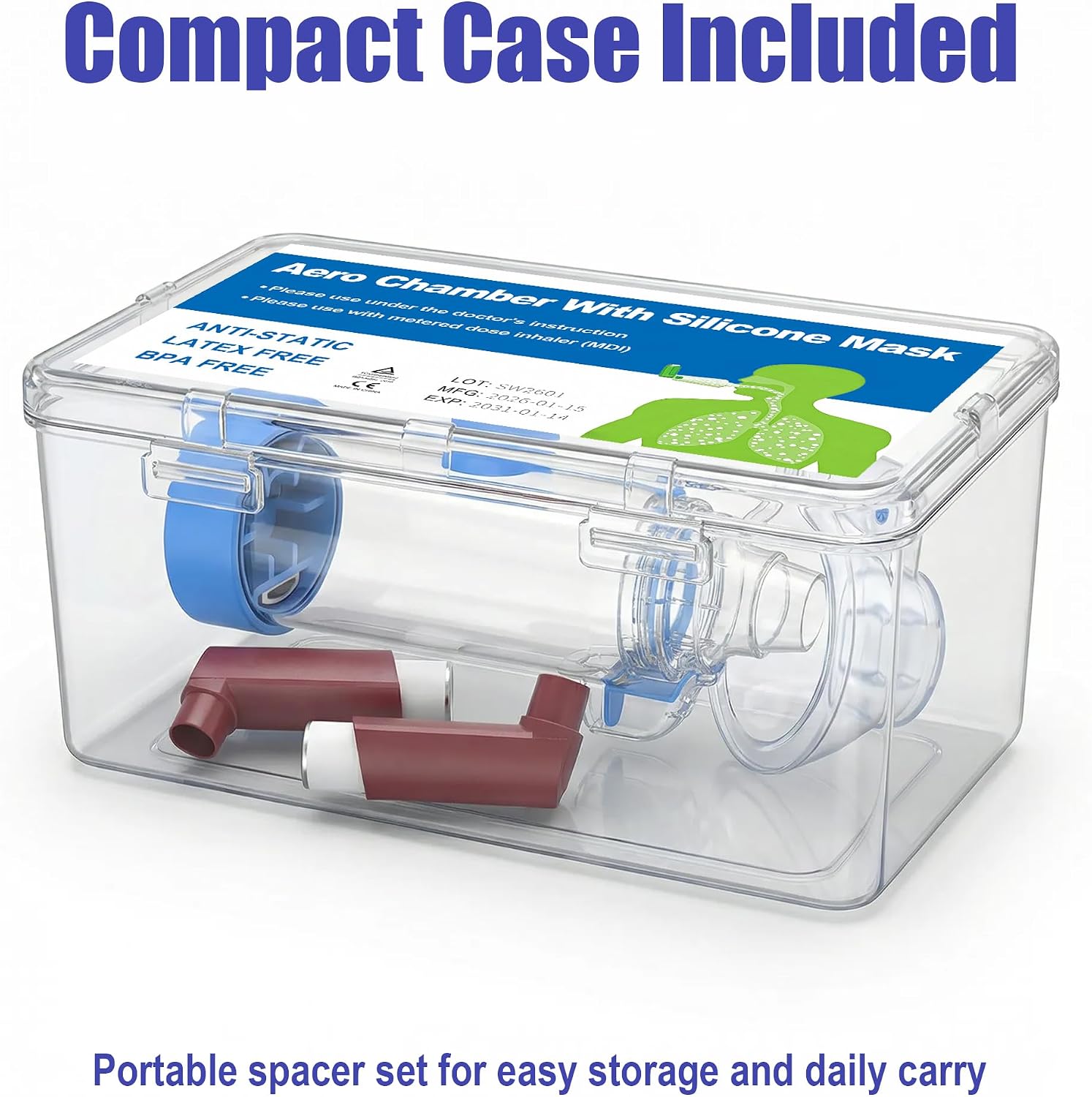 Inhaler Spacer for Kids with Inhaler Case, OTC Spacer for Inhaler with Silicone Mask, FSA-HSA Eligible, Case Holds MDI & Asthma Care Essentials (Blue/Kids)