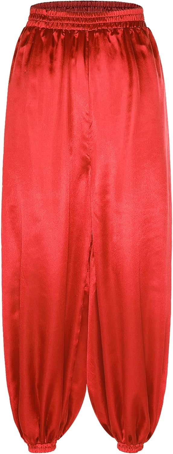 Men's Satin Silky Casual Pants Loose Fit Comfy Trousers Arabian Prince Costume Party Pants
