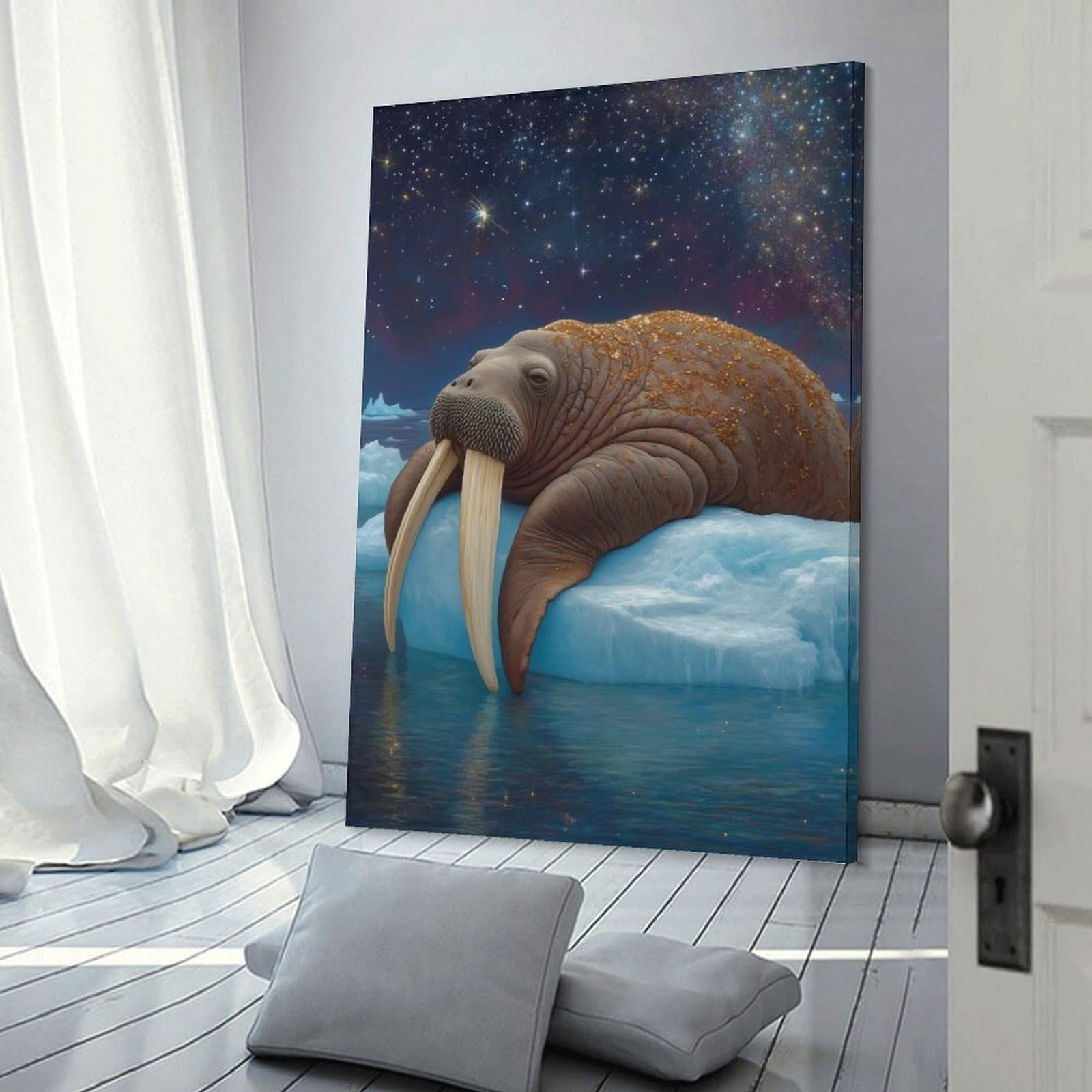 Junmoney Walrus on Ice Under Starry Sky Canvas Art Print, 20x30inch(50x75cm), for Living Room, Bedroom, Office Or Hallway, Decorative Artwork with Broad Appeal