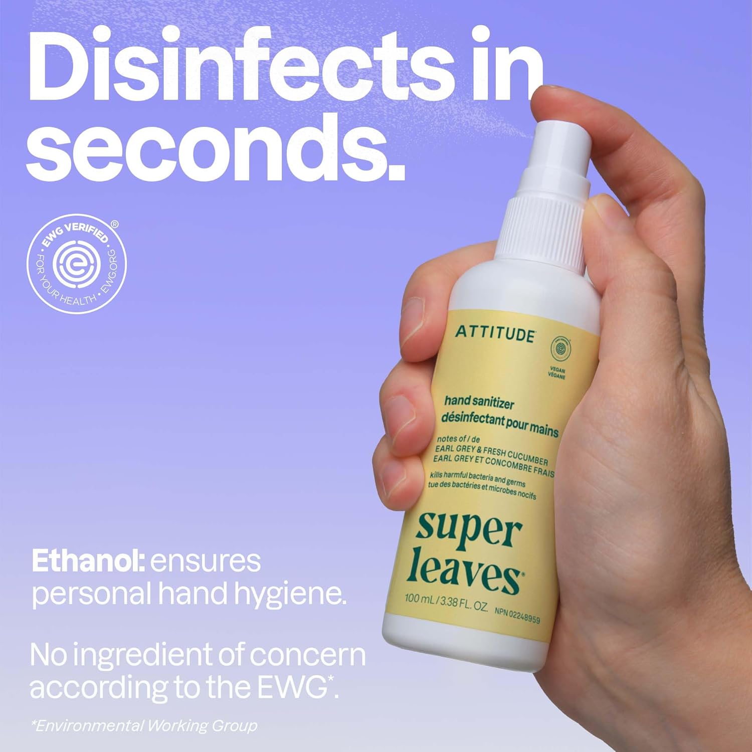 ATTITUDE Hand Sanitizer Spray for Adults and Kids, EWG Verified, Kills Bacteria and Germs, Vegan, Lemon Leaves, 3.38 Fl Oz (Spray Bottle) (Pack of 6)