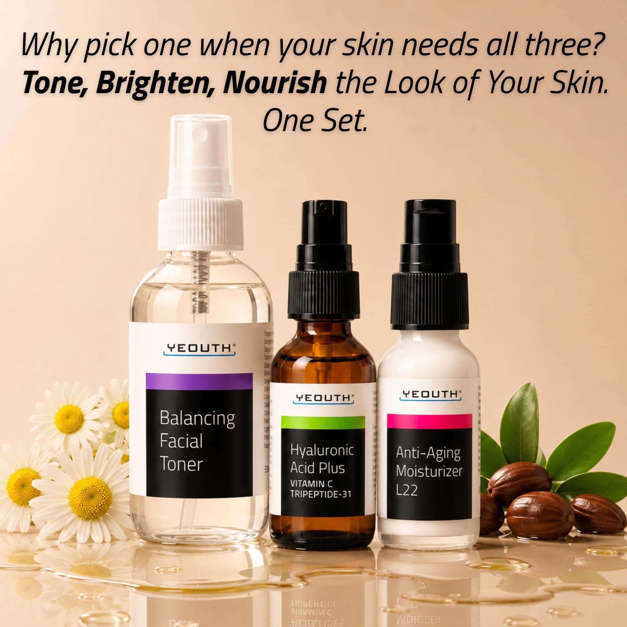 Essentials Anti Aging Skin Care für das Gesicht, Gesichtswasser, Hyaluronic Acid Face Serum, Gesichtscreme, Anti Aging Gesichtspflege für Damen & Männer von YEOUTH 3 x 30ml Set