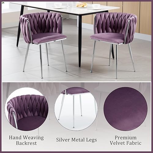Miniatura 4 de Haplized Juego de 2 sillas de comedor de terciopelo, sillas de comedor tapizadas tejidas, sillones de ocio de lujo, sillas decorativas modernas con