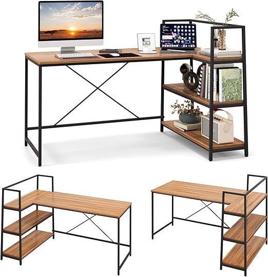 COSTWAY LShaped Computer Desk, Large Reversible Corner Desk with Open