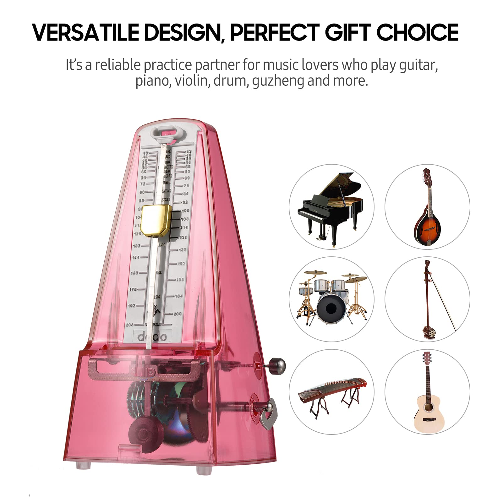 Metrónomo mecánico transparente con campana, metrónomo universal de cuerda con control de velocidad de selección de ritmo de sonido fuerte para guitarra, piano, violín, tambor