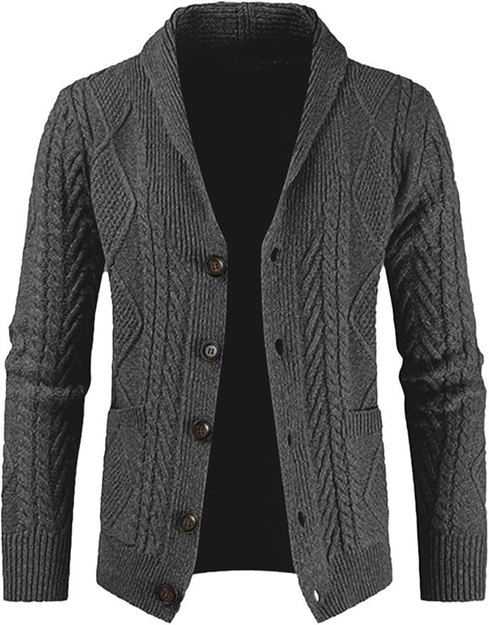 JMIERR Men's Casual Wool Blend Long Sleeve Shawl Collar Buttons Down Cable Knit Cardigan Sweater