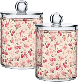 Cherry with Bow Qtip Holder Dispenser with Lids 2 Pack Clear Plastic Jars for Storage Floss Cotton Swabs Hair Ties, Bathroom Dressing Table Storage Container