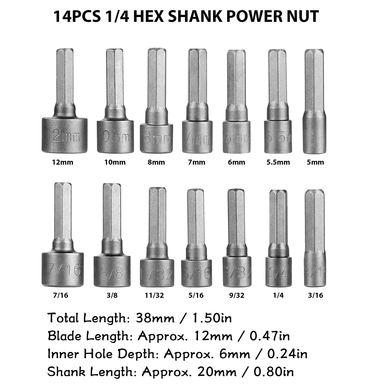 14-teiliger Power-Steckschlüssel-Satz – 1/4" Sechskant, SAE & Metrik, Für Bohrmaschinen & Schrauber