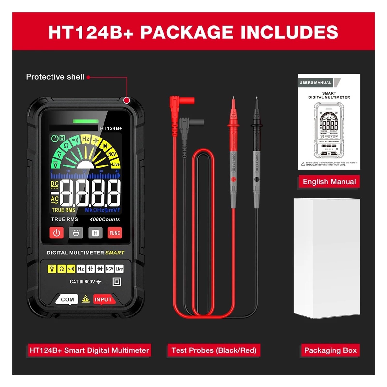 Multimetr Cyfrowy HT124 4000 Zliczeń Auto Zakres Tester Napięcia Ohm Hz Pojemność True AC DC DMM Multitester Bezpieczny, Praktyczny, DokłAdny(HT124B Plus)