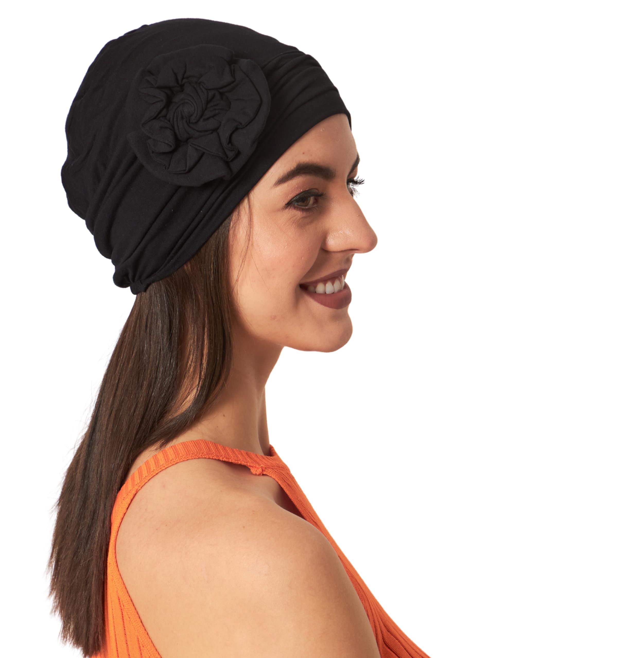 Jedwabisty miękki bambusowy wielokolorowy luźny styl swobodny rozmiar kwiatowa łatka czapka dla kobiet pacjentów po chemioterapii, Czarny, Medium-4X-Large