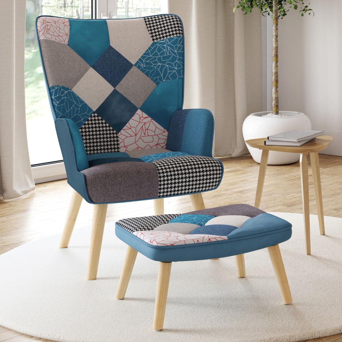 IDMarket Ivar - Sillón escandinavo con reposamuñecas en tejido Patchwork y terciopelo azul