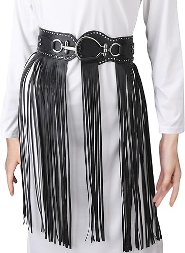JIAHG Womens Punk PU Leather Tassel Belt Black Vintage Long Multi-Strand Tassel 
