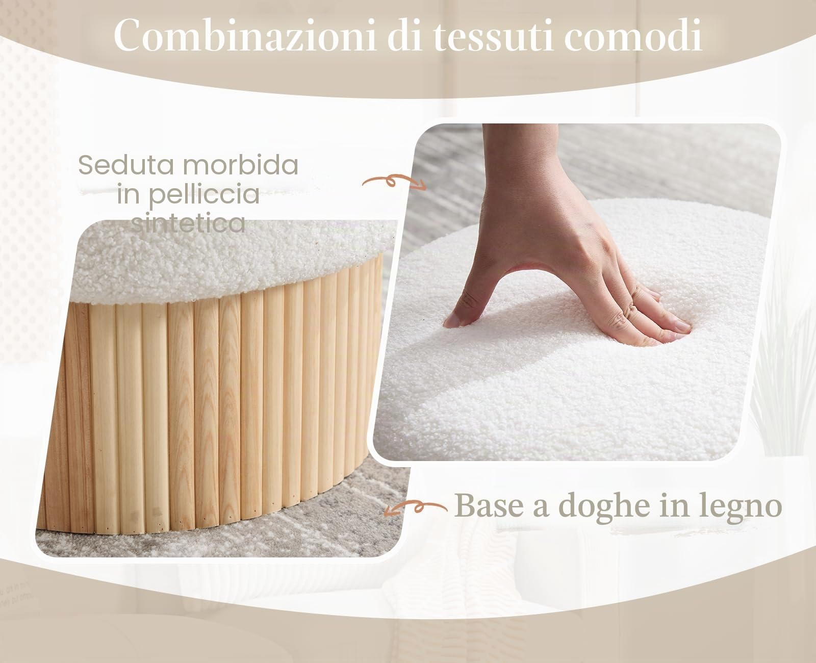 chairus Pouf Contenitore da Salotto in Pelliccia Sintetica, Bianco | Piccolo Poggiapiedi con Contenitore Sgabello Poggiapiedi con Seduta Imbottita e Ottomana Base in Doghe di Legno