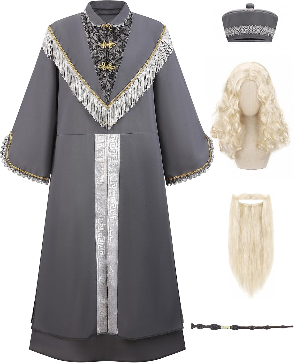 Wizard Costume Men Adult 5PCS Funny Halloween Grey Wizard Robe Costumes Deluxe Mens Cosplay Party Sorcerer Outfit