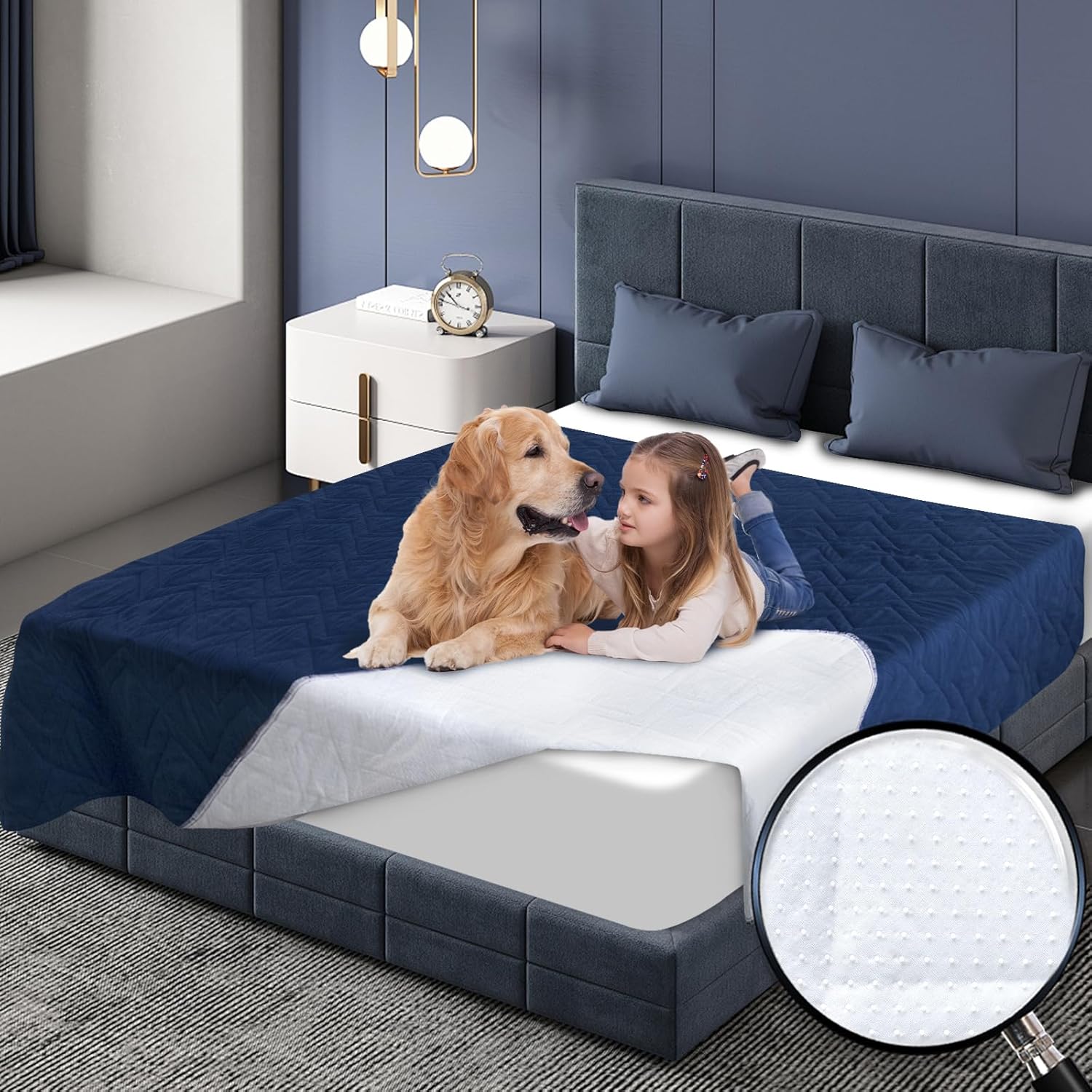 Magik & Kover Waterproof Dog Bed Cover Pet Blanket, Dog Bed Cover Blanket for Couch with Anti-Slip Back for Furniture Bed Sofa, Washable Bed Protector Cover for Pet, 86" x 82", Navy Blue
