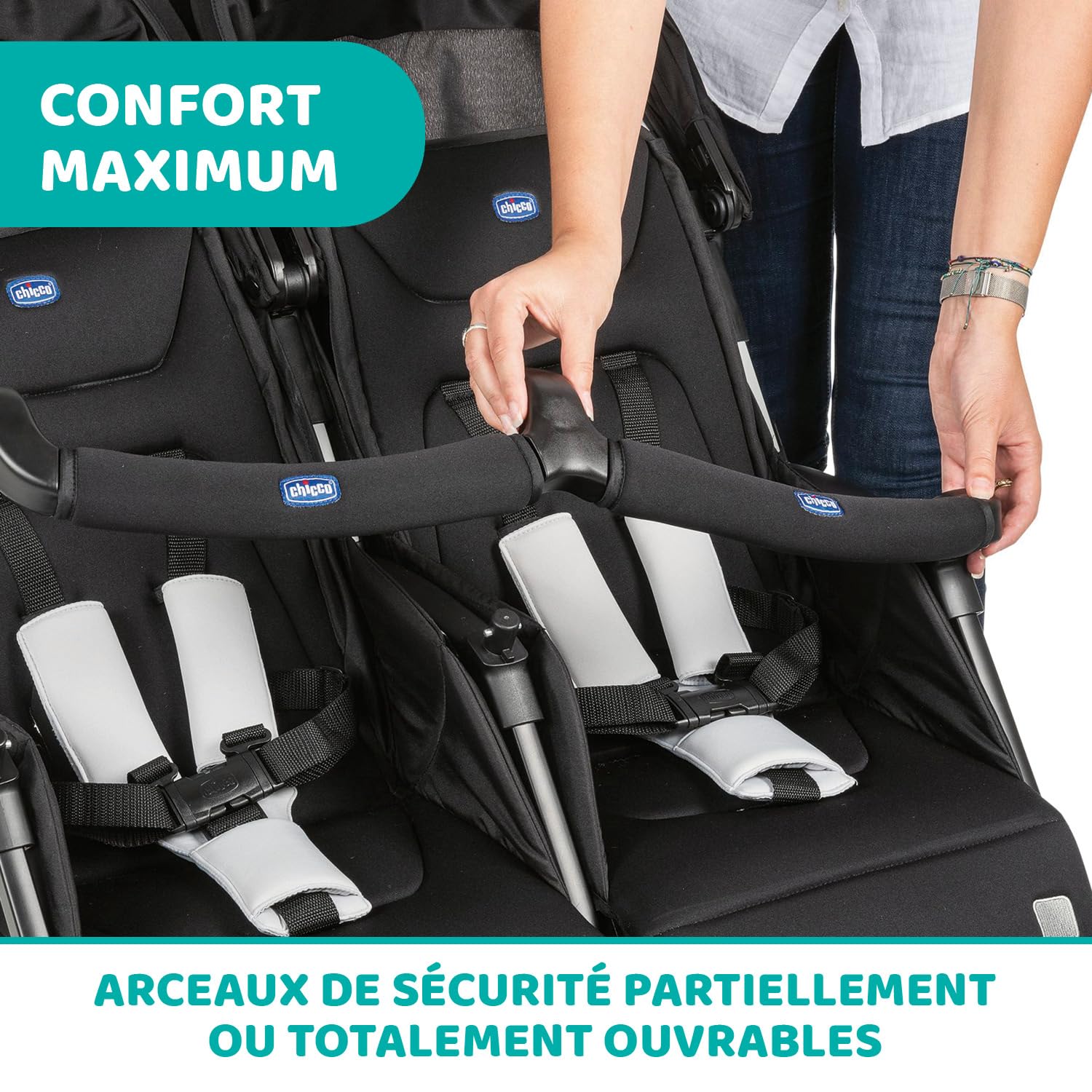 Chicco OHlalà Poussette Double Tandem Légère Pliable Jumeaux 15 kg Noir