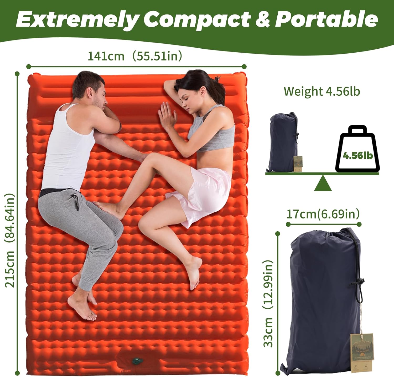 Double Sleeping Pad Self-Inflating, Built-in Foot Pump Extra-Thick Portable Camping Mat for Camping Hiking Travel, Orange