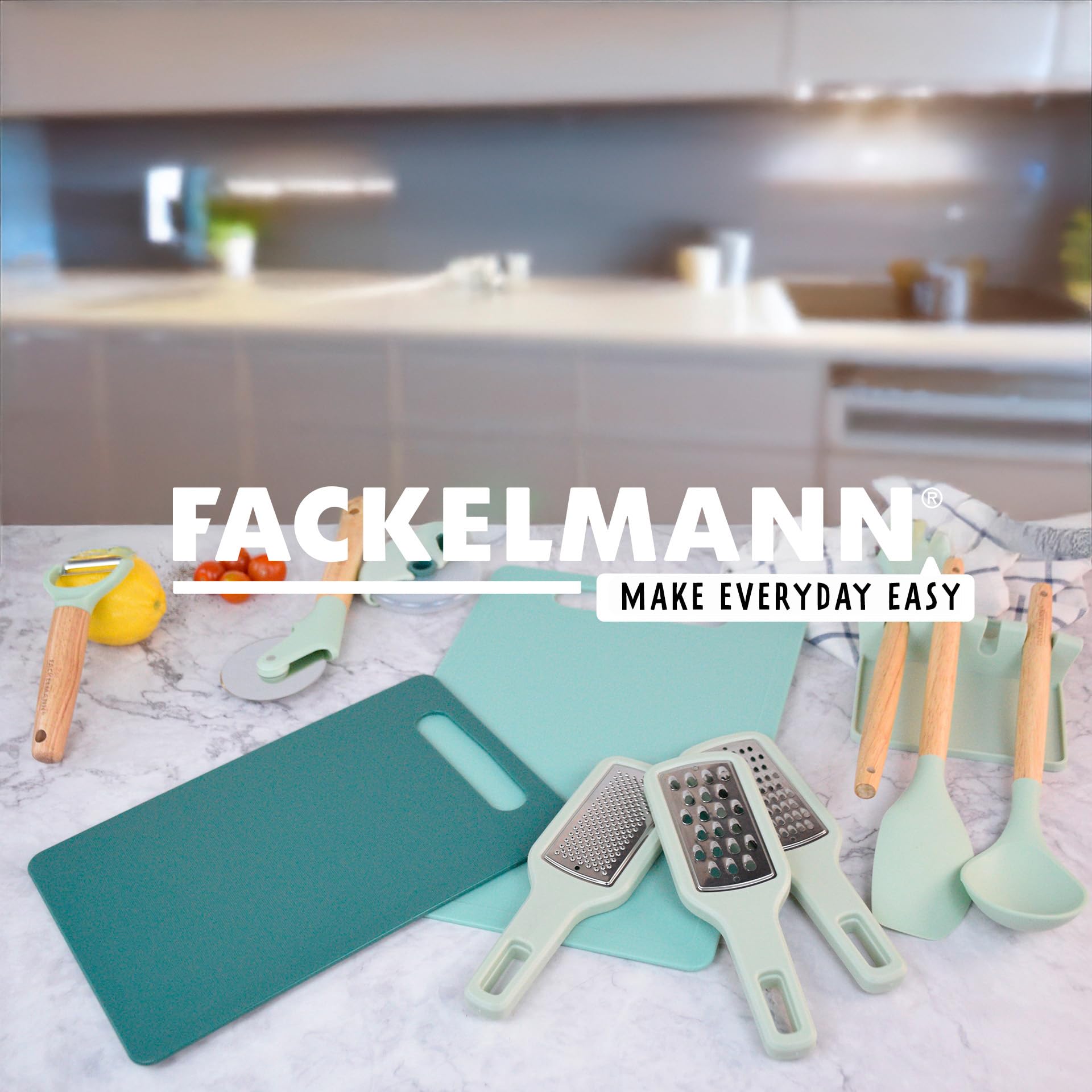 Fackelmann Ocean Espumadera de Silicona, Núcleo Rígido de Acero, Mango de Madera Antideslizante y Ergonómico, Apta para Freír y Espumar, Apta para Lavavajillas, 32x8 cm, Verde Agua, 1 ud.