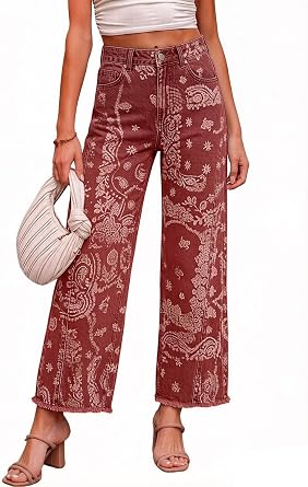 CHARTOU Women High Waisted Wide Leg Jeans Casual Stretchy Raw Hem Cropped Denim Pants