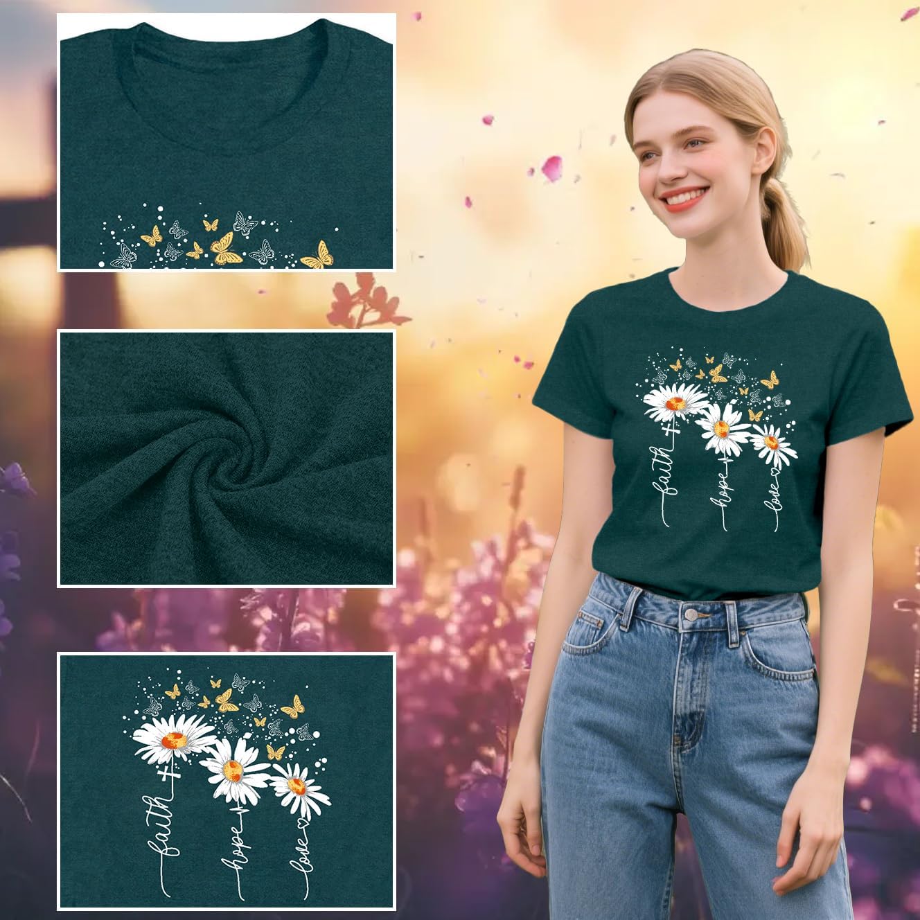 Christian Shirts for Women Daisy Floral T-Shirt Faith Hope Love Tee Butterfly Tops - Image 6