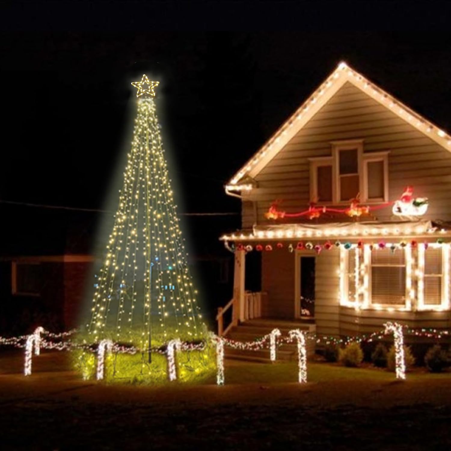 Outdoor Lighting Christmas Tree Lights 7.8Ft Cone Tall Star Topped Artificial Christmas Trees Arbol de Navidad Outside Decor for Xmas New Year Holiday WarmWhite/Red