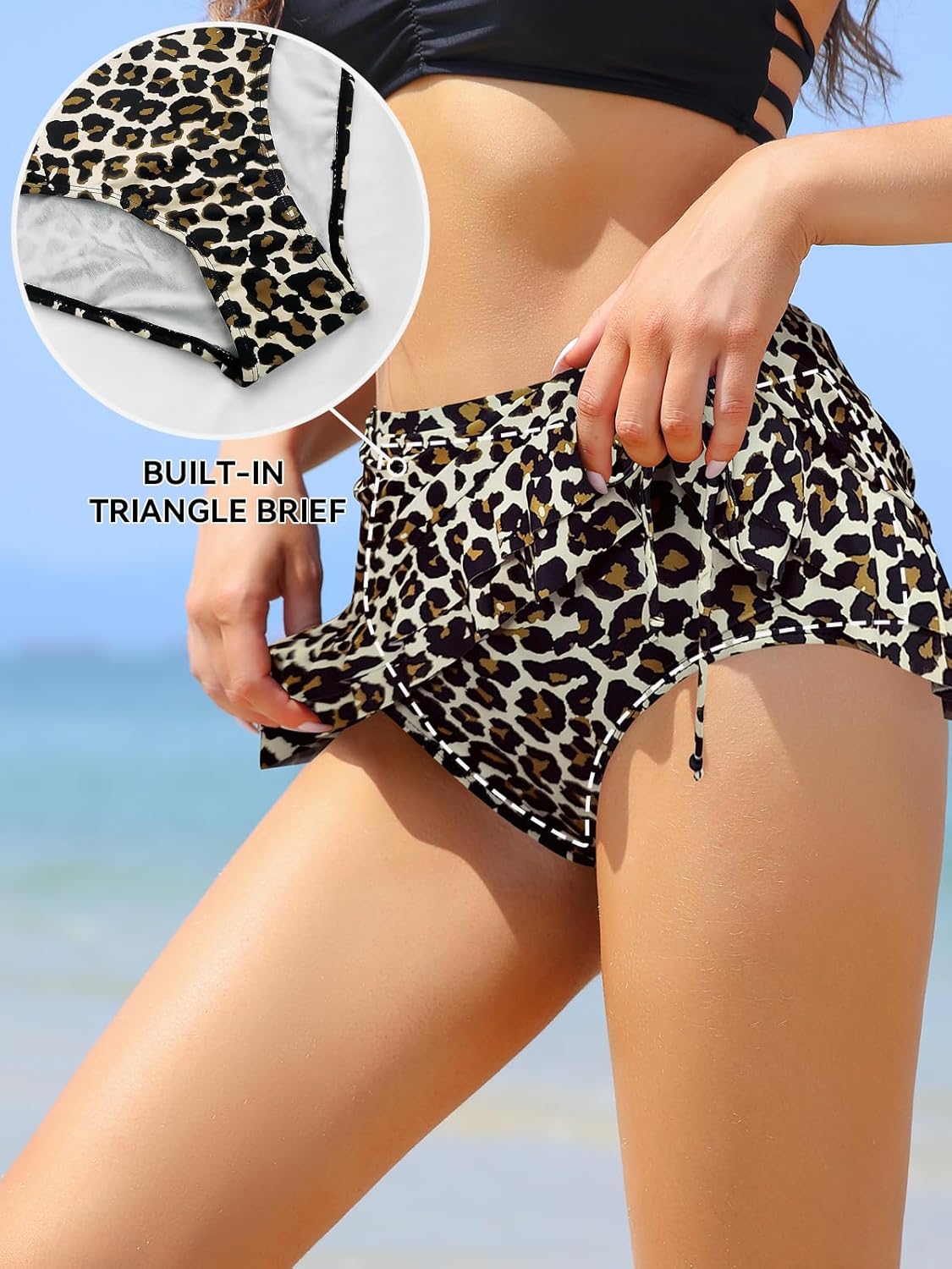 SHEKINI Women's High Waisted Swim Skirt Drawstring Ruched Bathing Suit Bottoms with Built-in Brief - Image 3