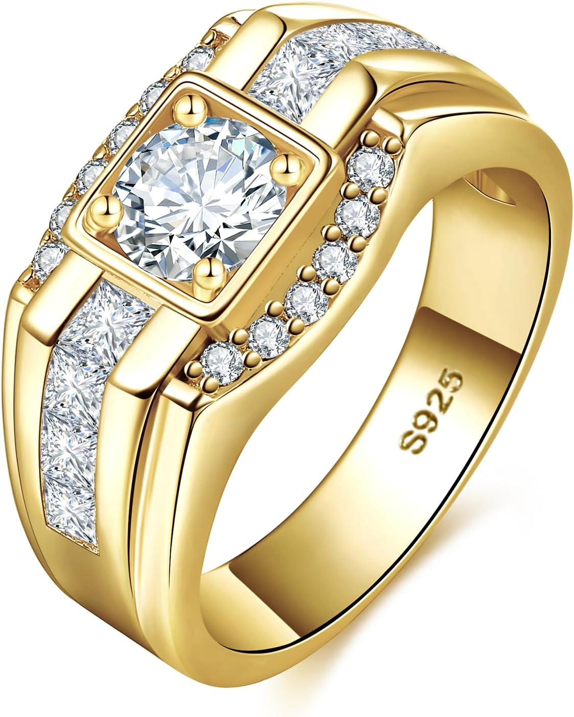 Mens Moissanite Wedding Ring, 0.8CT Round Cut D Color VVS1, 925 Sterling Silver Promise Band, 14K Gold Plated, Engagement & Anniversary Jewelry Gift for Him