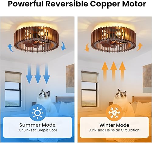 Miniatura 3 de Ventilador de techo enjaulado de montaje empotrado de 20 pulgadas con luz, ventilador de techo de madera de bajo perfil con luz y control remoto, 6