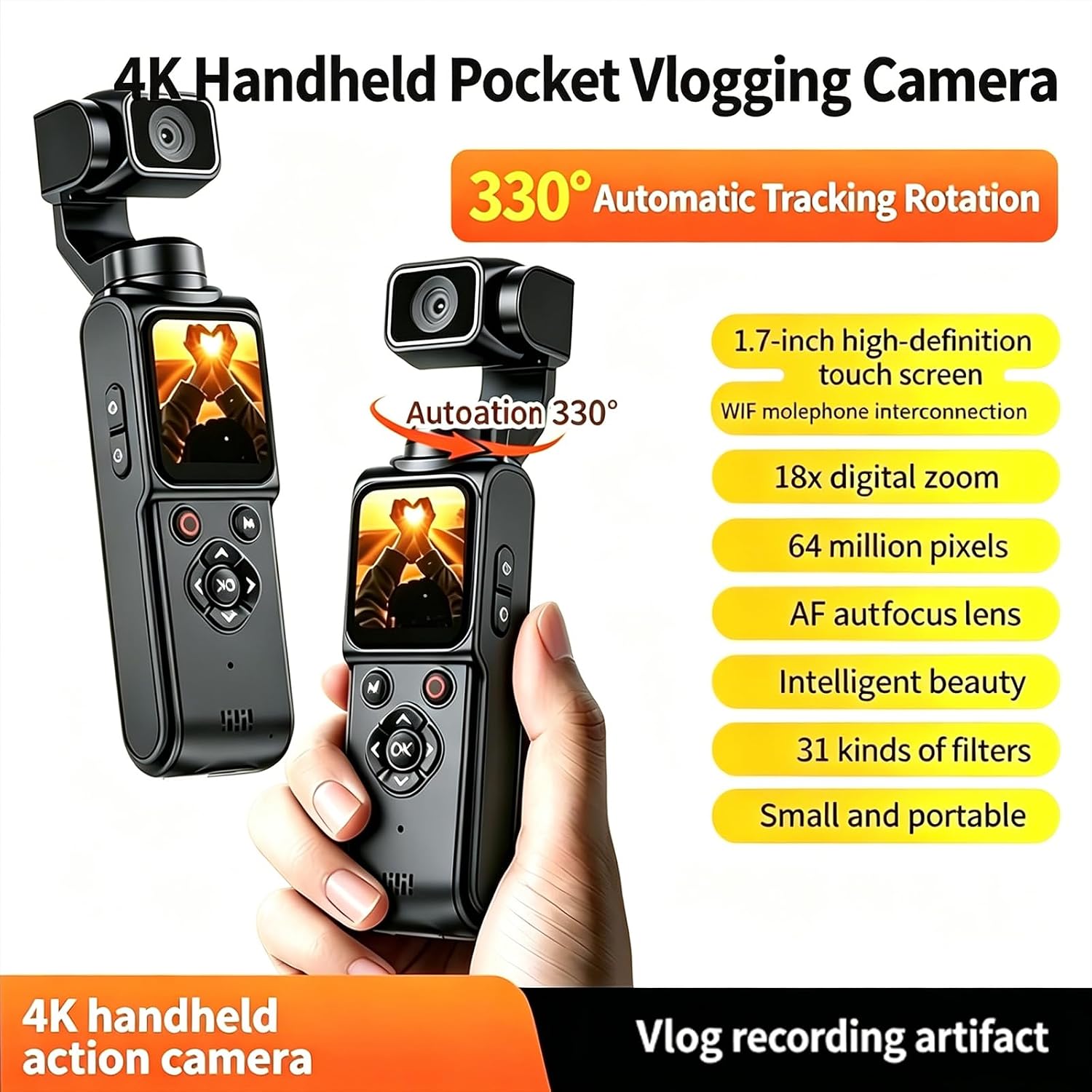 4K Handheld Camera with WiFi,Outdoor Pocket Gimbal Vlogging Camera,330° Rotating Lens Handheld Camcorder,64MP Fast Focusing Face Tracking,3-Axis Stabilizer for Vloggers and YouTube (PINK-128G)