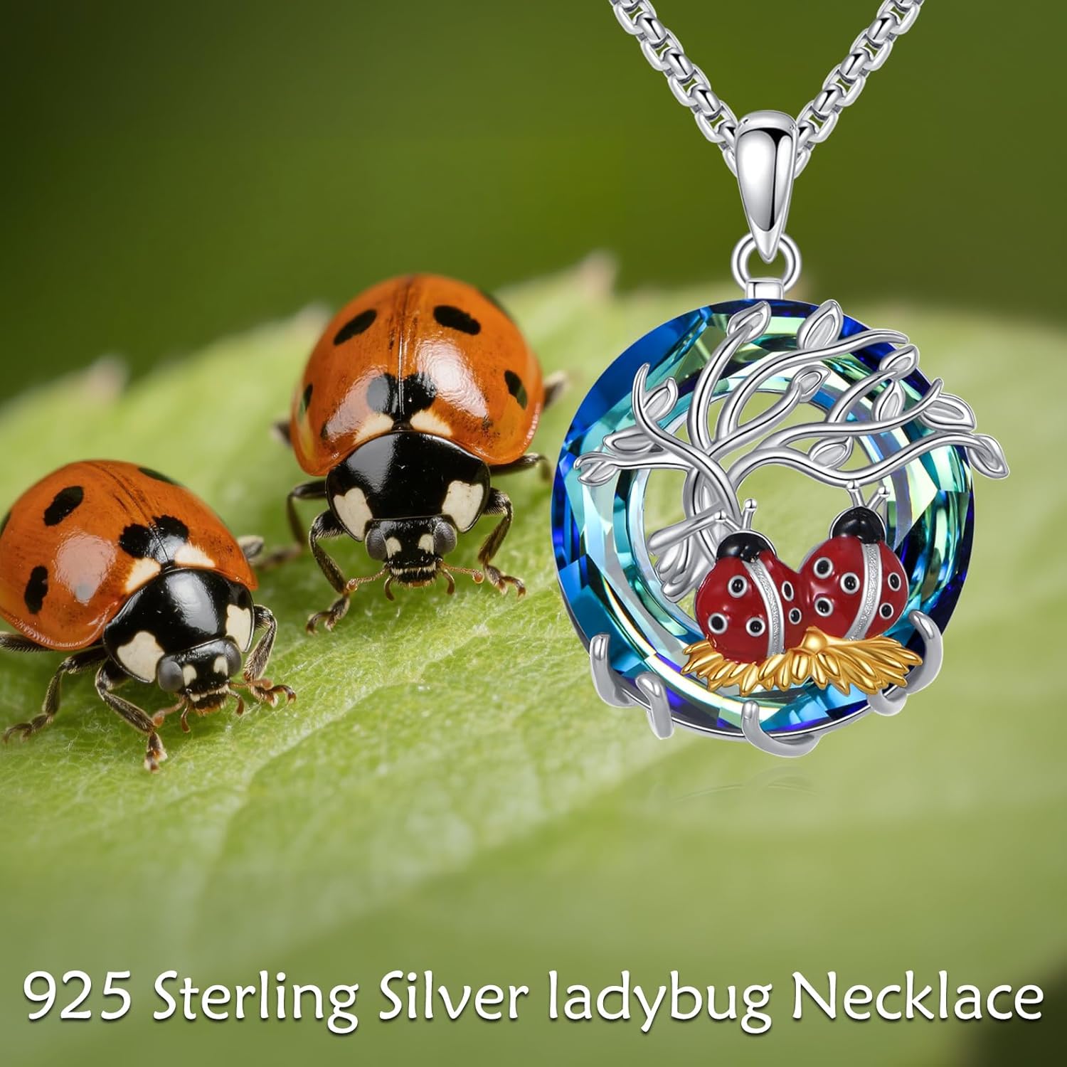 Tree of Life Ladybug Necklace for Women, 925 Sterling Silver Blue Crystal Ladybug Pendant Necklaces Birthday Mothers Day Christmas Jewelry Gifts for Her Mom Wife 18+2 inches - Image 5