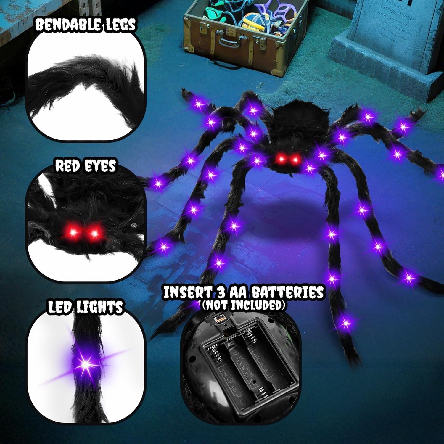 59" Halloween Giant Spider LED Purple Glow Hairy Red Eyes Bendable Decor