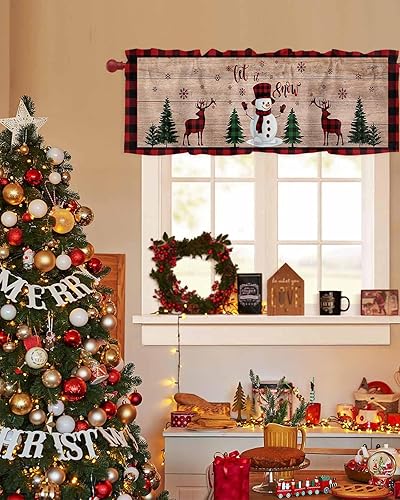 Miniatura 4 de Cenefa de cortina de cocina con diseño de muñeco de nieve de Navidad, cenefa de ventana con bolsillo para barra, 1 panel de cenefas para sala de