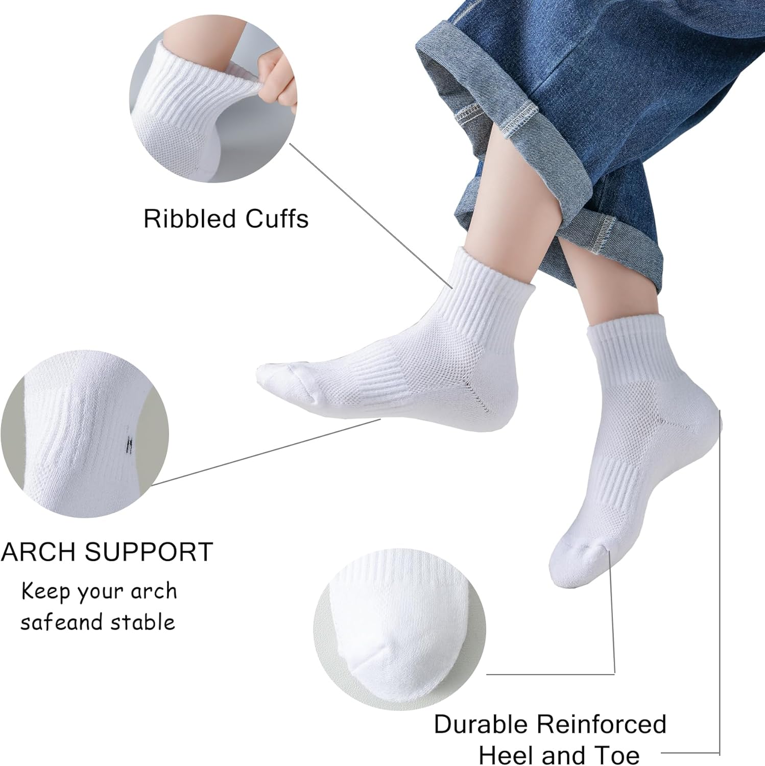 Boys Athletic Socks Half Crew Cushion White Cotton Soft Comfortable Socks for Kids - Image 2