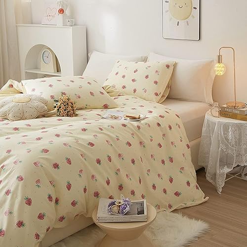 Vista 362 de Linda funda de edredón de fresa, tamaño individual XL, suave, 100% algodón, juego de ropa de cama de fresa rosa, ligero, funda de edredón para niños