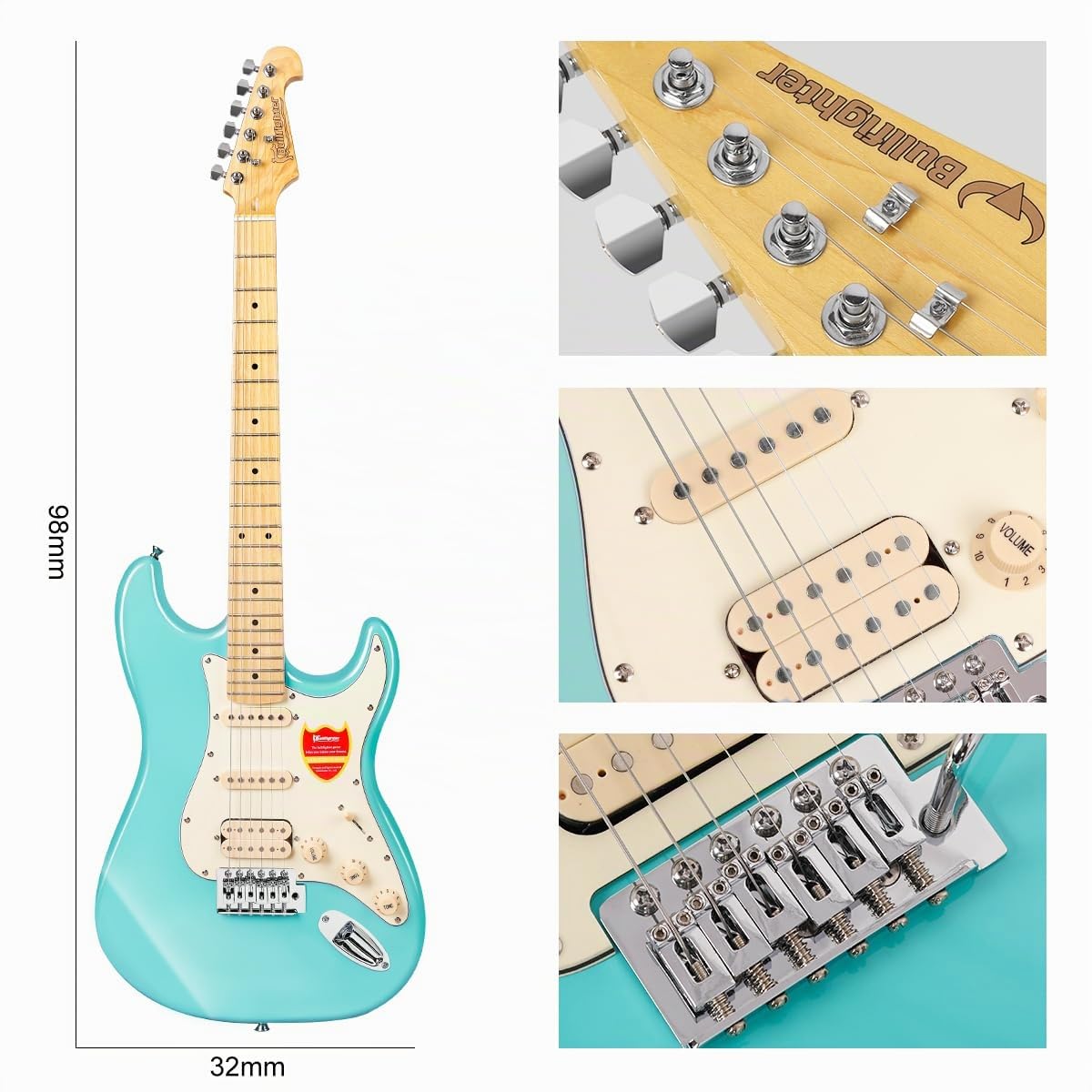 Bullfighter 39 pouces Guitarra eléctrica, taille 4/4 complète, micro HSS, stratocaster ST pour débutants amateurs de musique, avec housse, sangle, médiators, accordeur, cordes, câble. D-120 (Vert)