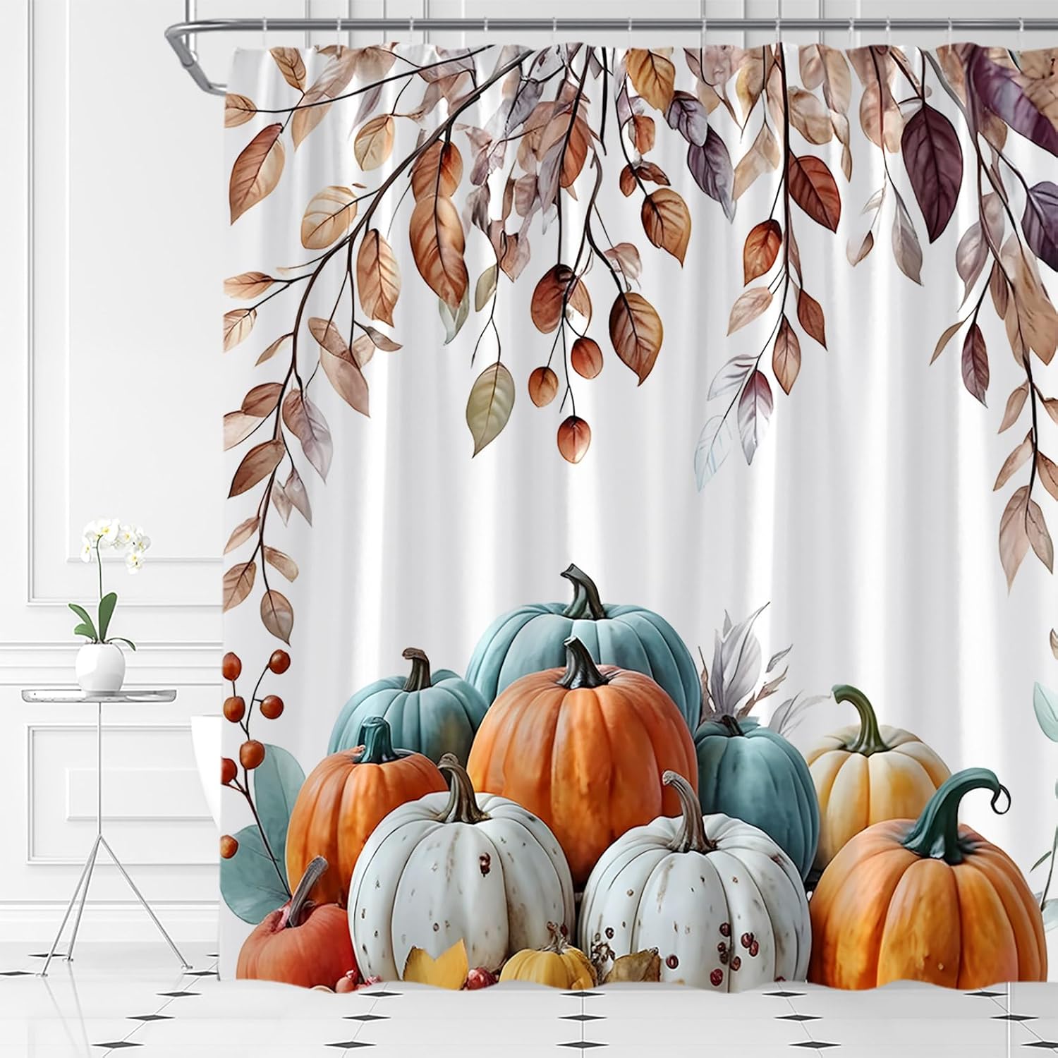 Fall Pumpkin Shower Curtain Autumn Thanksgiving Day Harvest Orange Blue Leaves Rustic Farmhouse Country Fabric Bathroom Decor Set with Hooks,(70" Wx84 H)