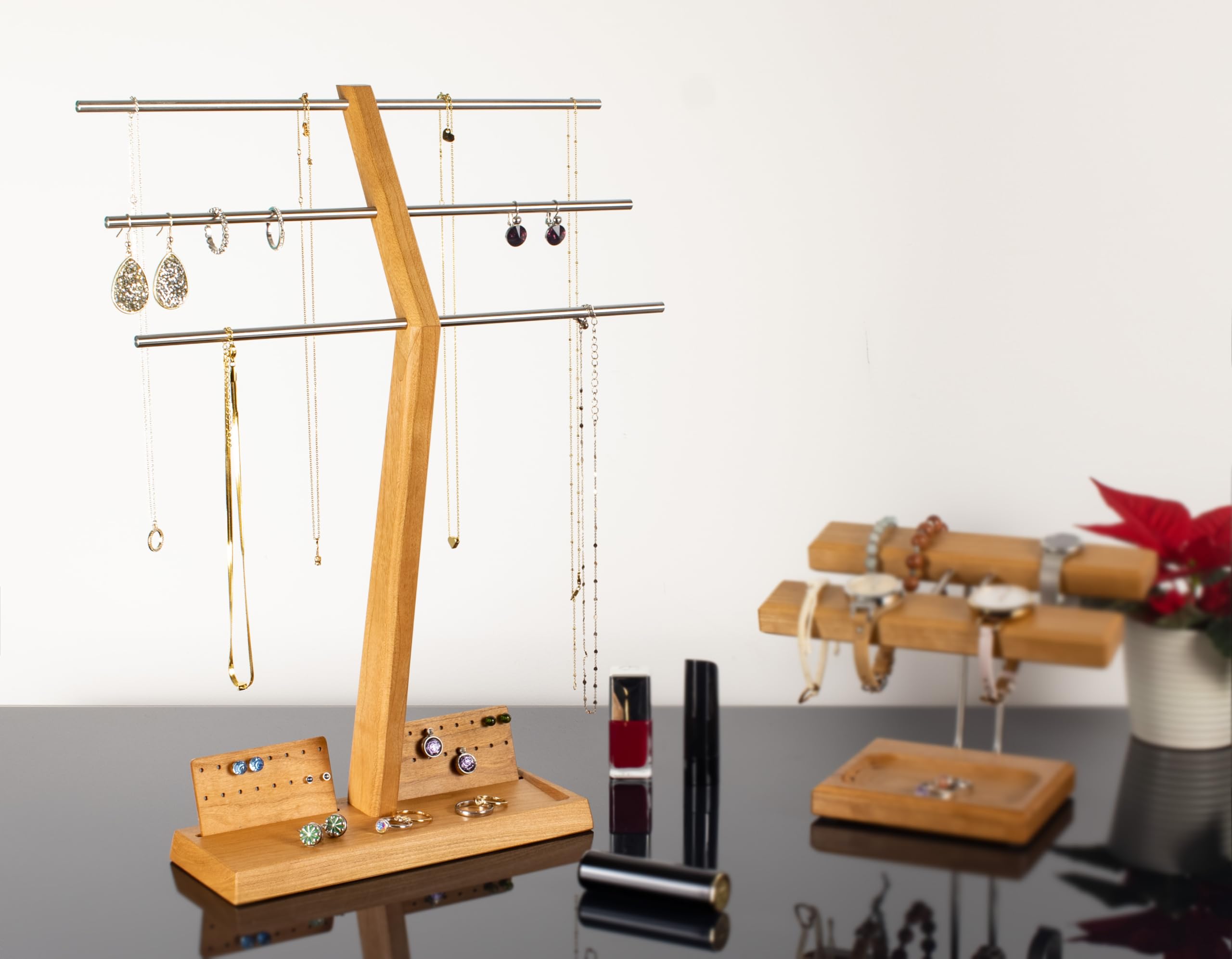 Wood and Steel Design - Schmuckhalter für Ketten, Ringe, Ohrringe, Ketten, Halsketten und Armbänder, 4 Ebenen, Kirschbaum Massivholz/Edelstahl
