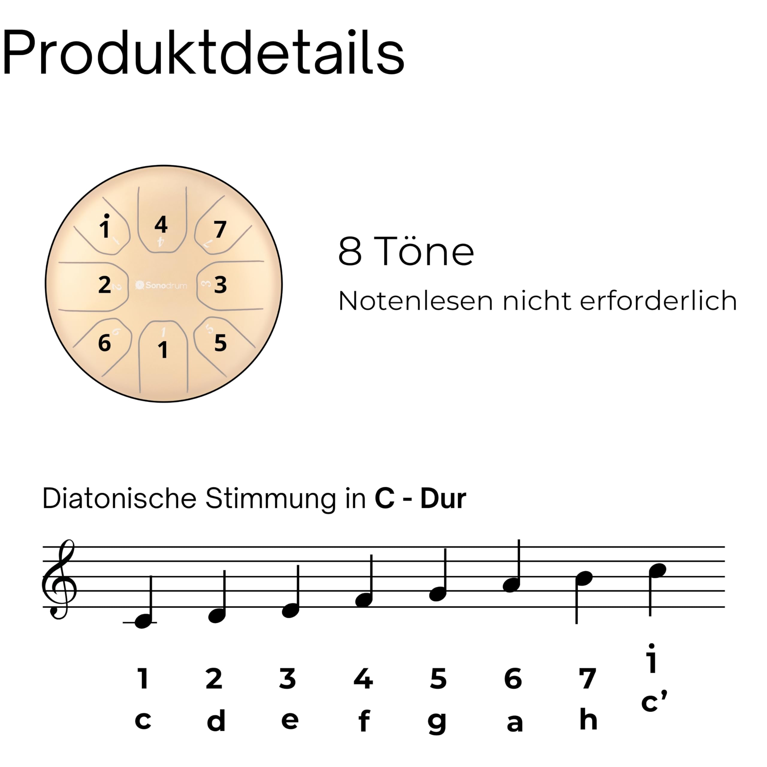 Zungentrommel "Standard" C - Dur in Gold - 20 cm klein mit 8 Tönen - Steel Tongue Drum inkl. Liederbuch, Schlägel, Fingersticks und Tragetasche - Notenlesen nicht nötig, einfach zu spielen.
