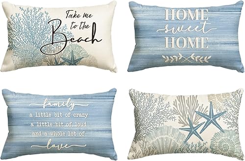 Miniatura 11 de AVOIN colorlife Summer Take Me to The Beach - Juego de 4 fundas de almohada de 16 x 16 pulgadas, diseño de estrella de mar coral con lema azul Home