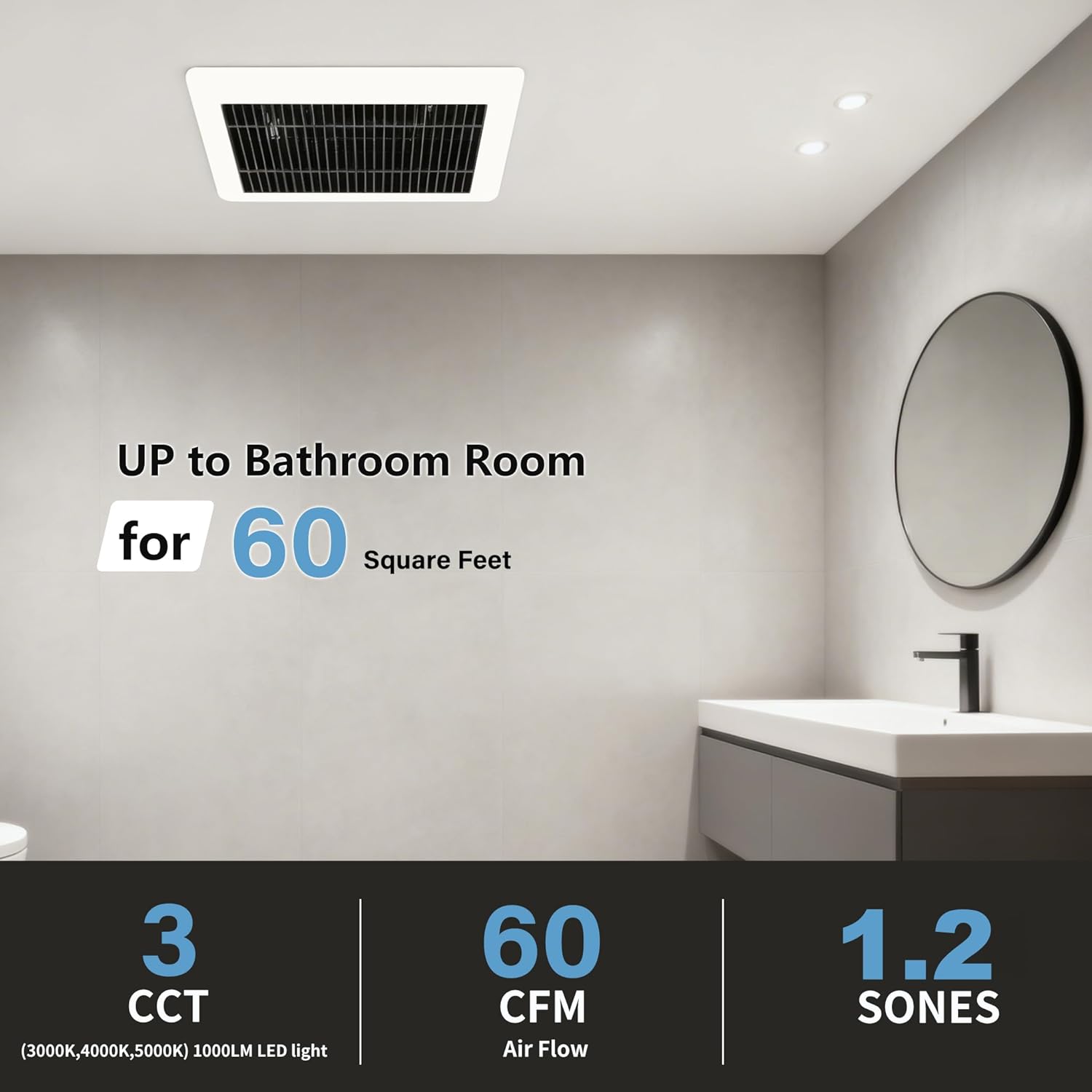 Bathroom Exhaust Fan with Light, 60 CFM 1.2 Sone, 3 Inch Duct, 1000lm 3CCT LED Light, Easy to Install Ceiling Mounted Ventilation Fan, Modern Black, ETL Certified