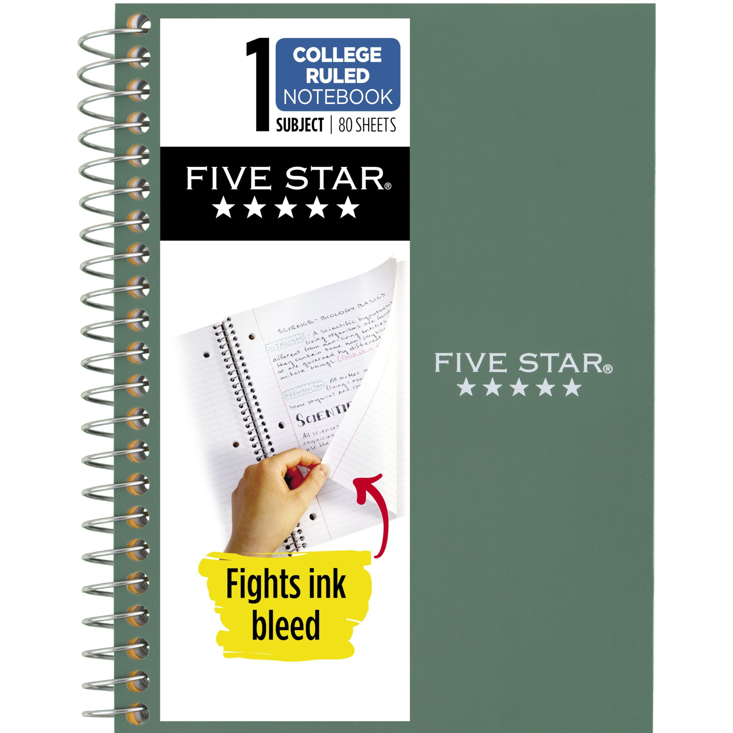 Five Star Spiral Notebook, 1 Subject, College Ruled Paper, Personal Size, 4-3/8" x 7", 80 Sheets, Fights Ink Bleed, Water Resistant Cover, Seaglass Green (450048CH1-ECM)