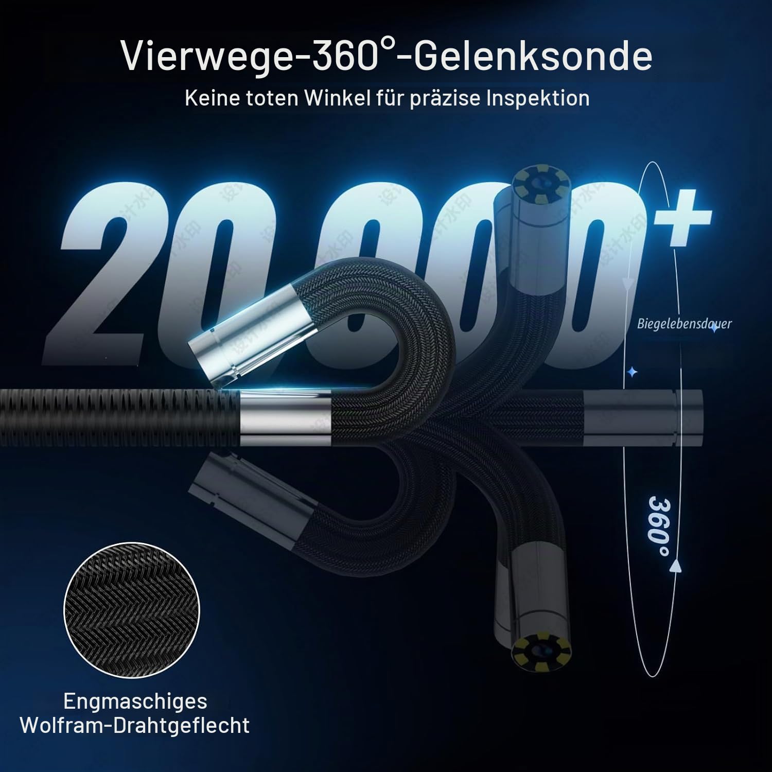 4 Way Endoscope Camera 3.9 mm Endosc- 360° Edoscope Swivelling 5 Inch HD 1080P Inspection Camera with Light Tube with 6 LEDs, IP67 Waterproof 1 m Channel Steering