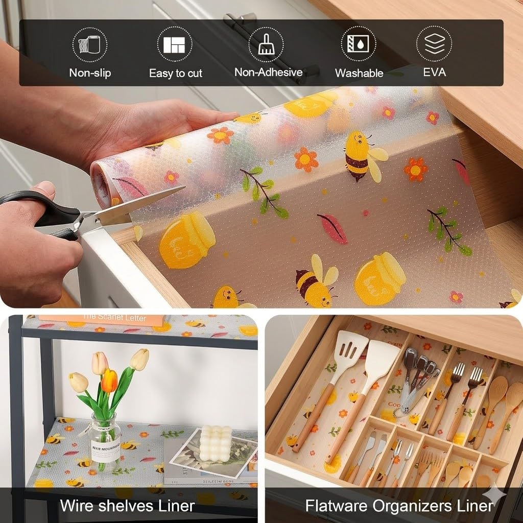 VYATIRANG Multipurpose Transparent Fridge Mat, Waterproof Anti-Skid Shelf Liner Roll, Refrigerator Drawer Cabinet Mat, Washable & Cuttable, Cupboards Mats Sheet, Oil-Proof (45x300CM Honey bee Design) 1