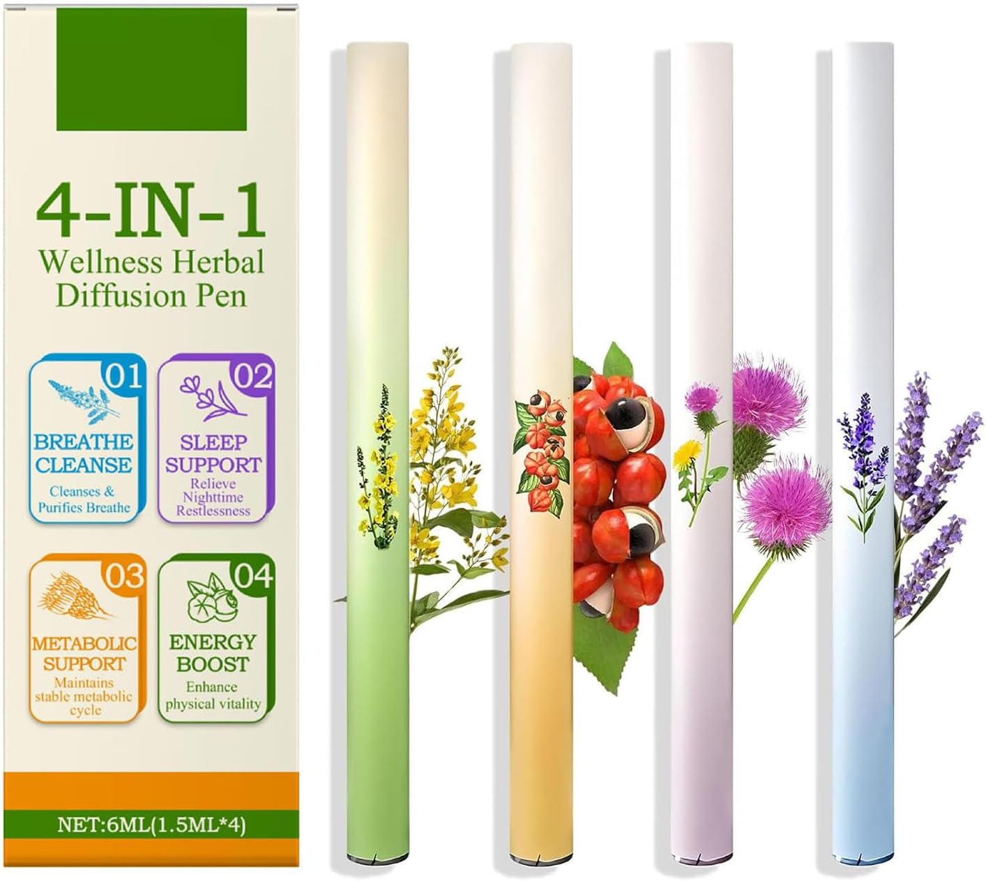 4Pcs Herbal Diffuser Pen,Aromatherapy Inhaler Stick,Dual-Action Herbal Purifier Pens,Portable Vaporless Fum Inhaler for Cleanse,Breathing Aid & Oral Freshening,Plant-Based Aromatherapy Pen 1Box