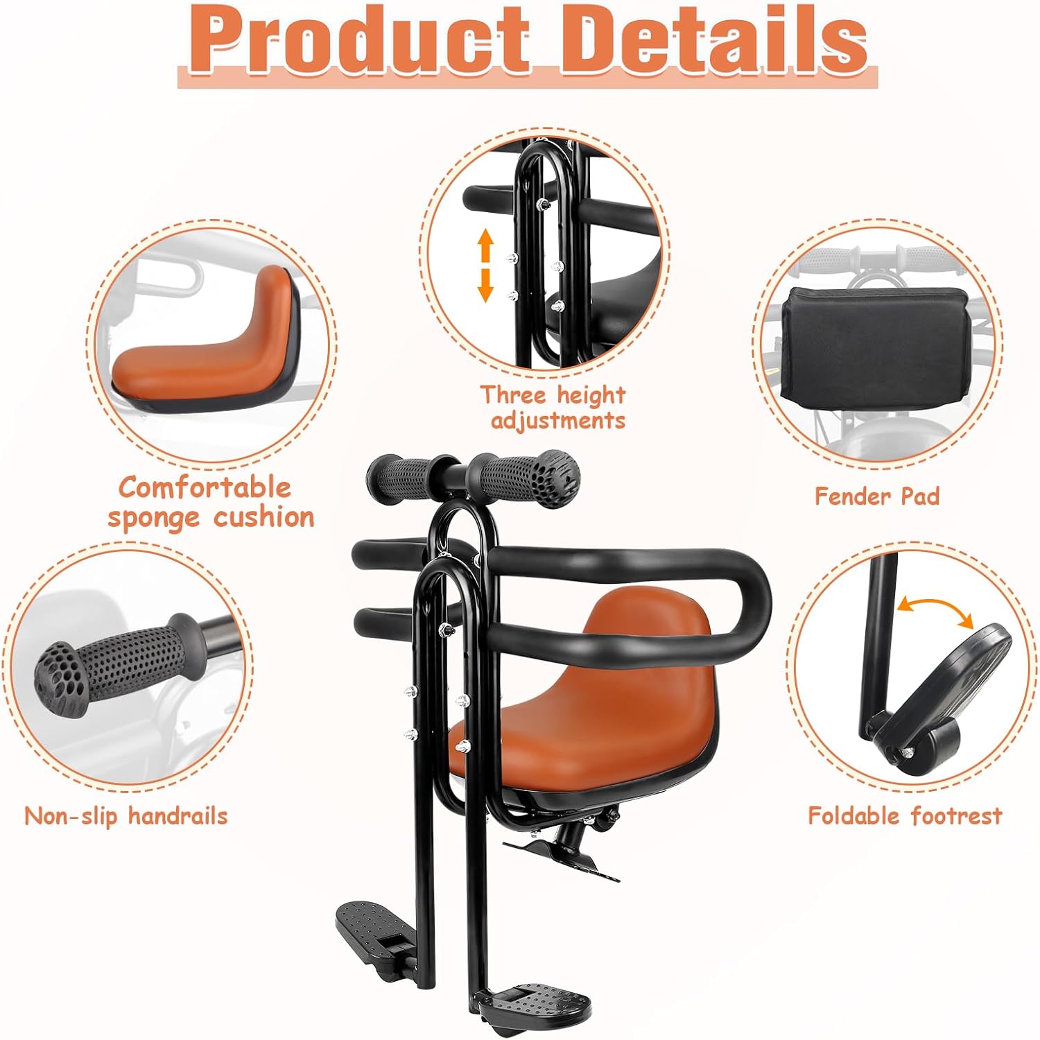 Child Bike Seat - Front Mount, Kids Bike Seat for Adult Bike,Retractable Baby Bike Seat Front Mounted, Toddler Bike Seat for Children 8 Months~4+ Years Old, Brown/Black