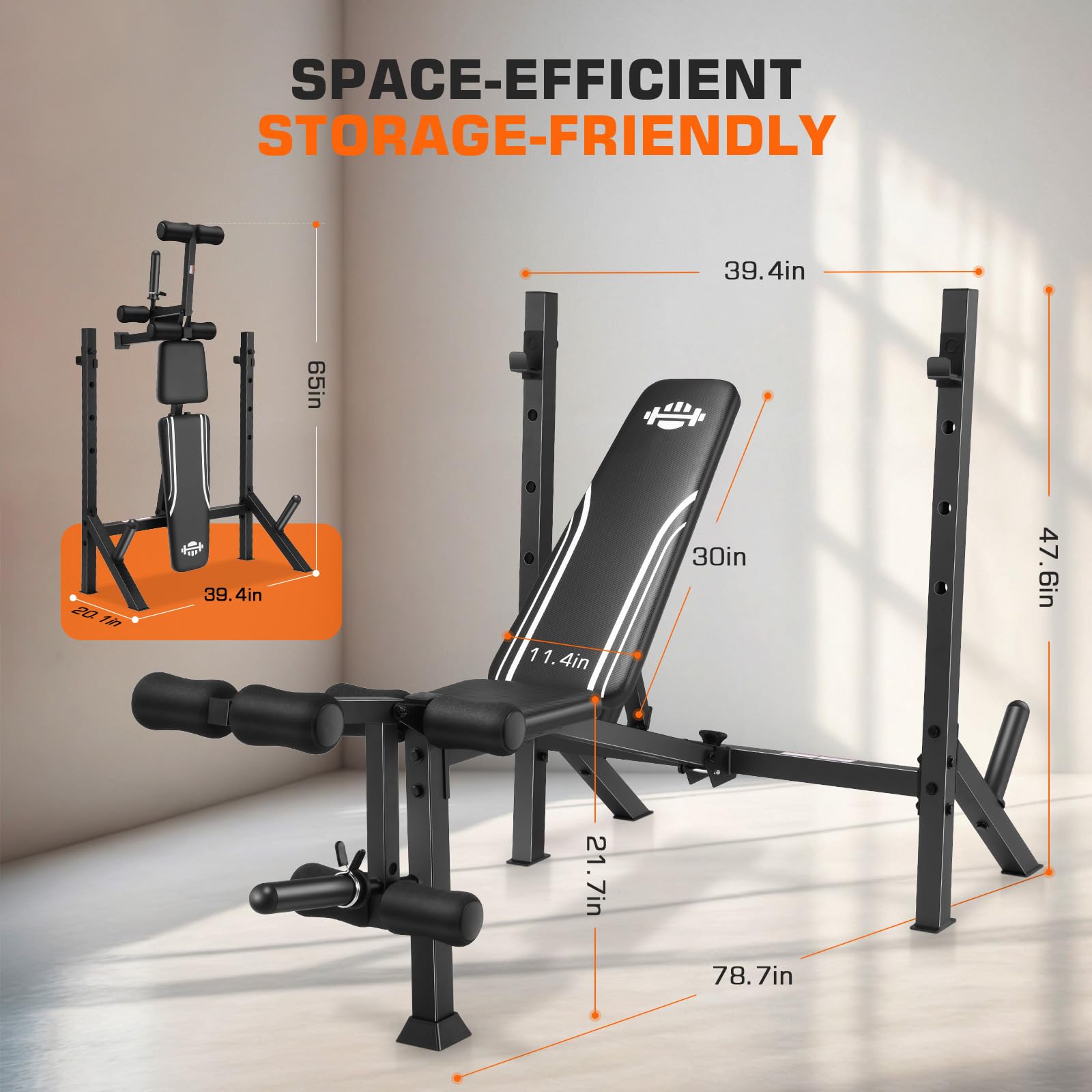 Weight Bench Set, Folding Workout Bench with Squat Rack Leg Extension & Leg Curl, Adjustable Back/Barbell Rack for Bench Press Strength Training, Flat Incline Decline Gym Bench