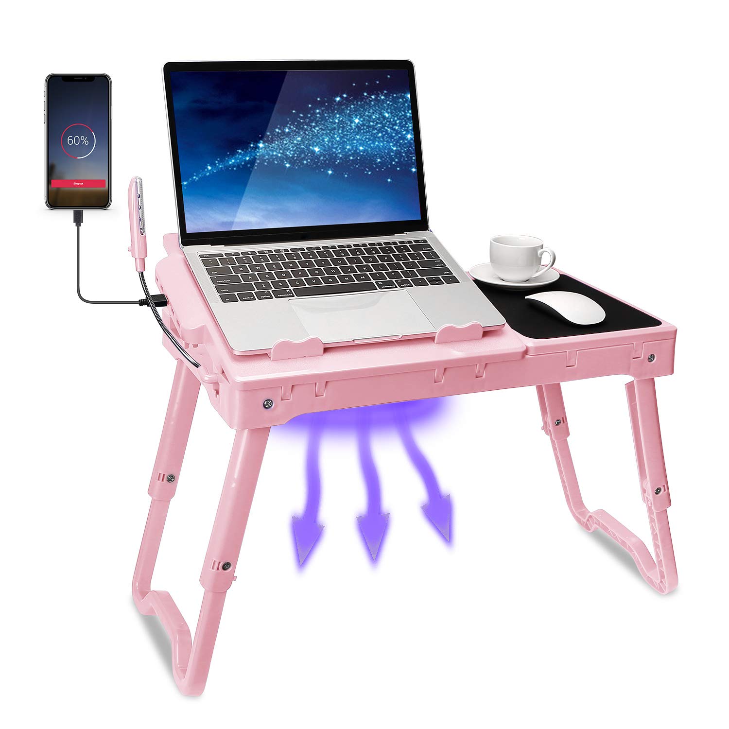 Photo 1 of TeqHome Laptop Desk for Bed, Adjustable Laptop Bed Table with Fan, Portable Lap Desk with Foldable Legs, Laptop Stand for Couch Sofa Bed Tray with LED Light, 4 USB Ports, Storage, Mouse Pad Rosegold